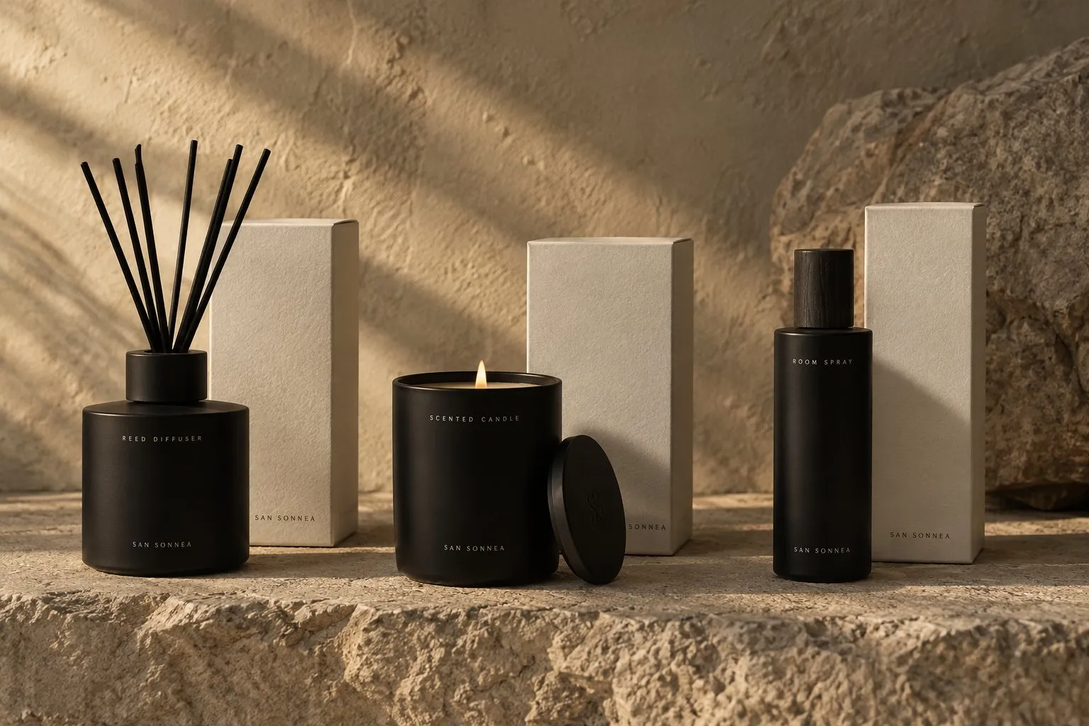 The collection together: reed diffuser, candle and room spray