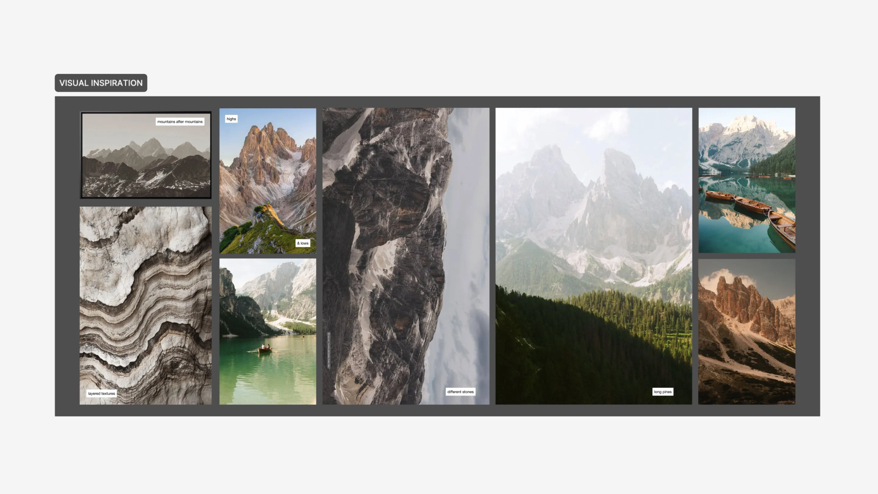 Visual inspiration board: layered rock, lakes, pines and peaks