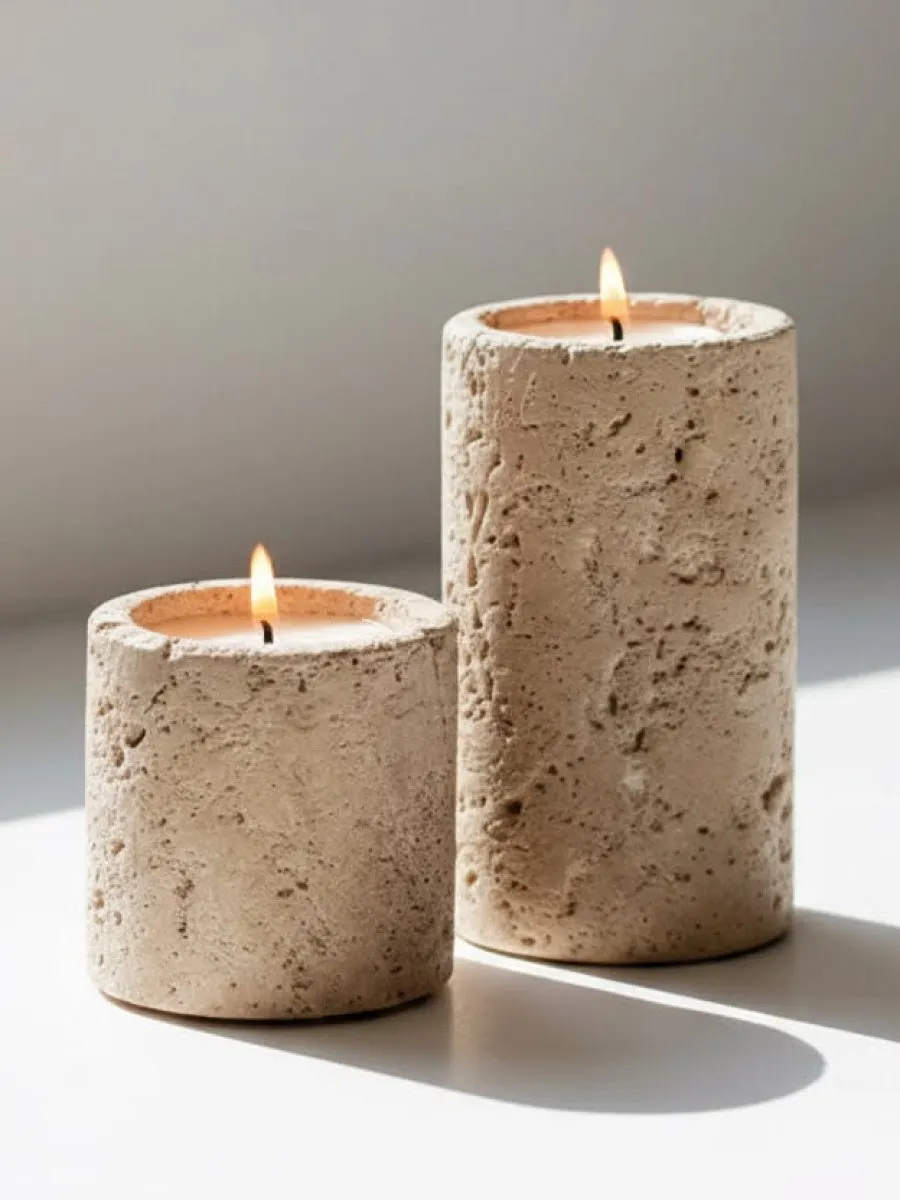 Two travertine stone candles in sunlight