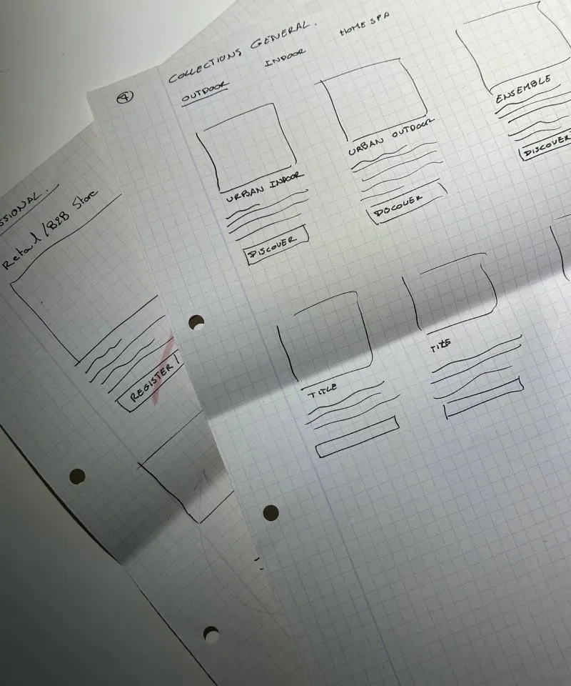 Paper wireframe sketches of the collection pages