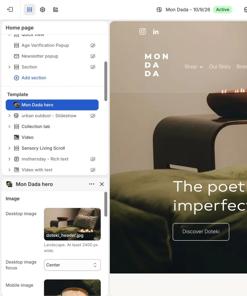 The homepage hero in the Shopify theme editor