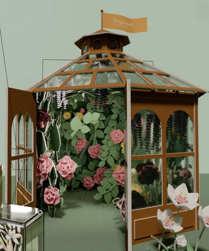 Close-up of the open greenhouse full of paper flowers