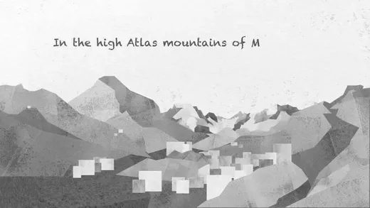 Grey Atlas mountains with a village, the opening of the MoRUGcan film