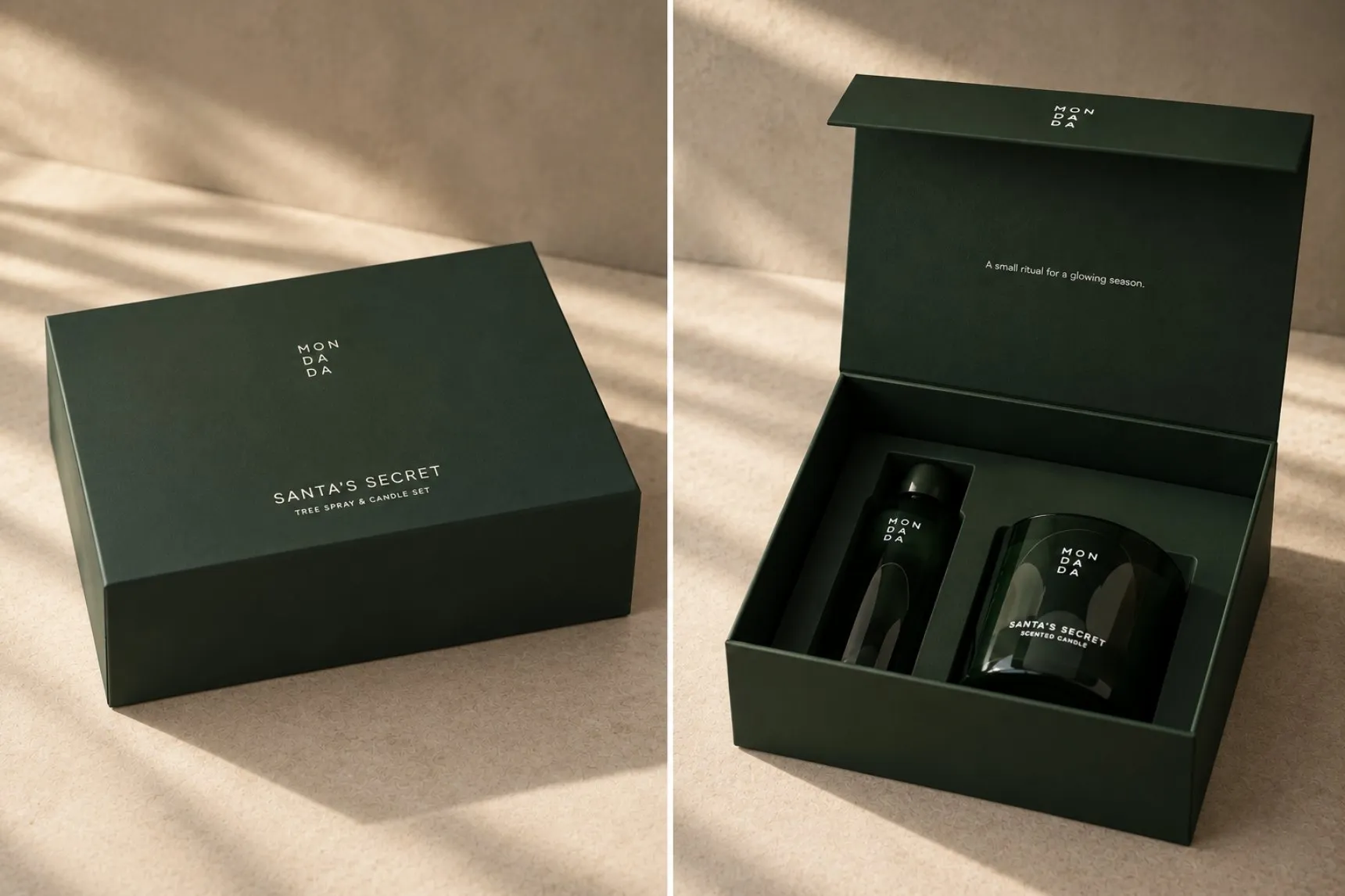 The Santa's Secret gift box, open in warm light, with the tree spray and candle inside