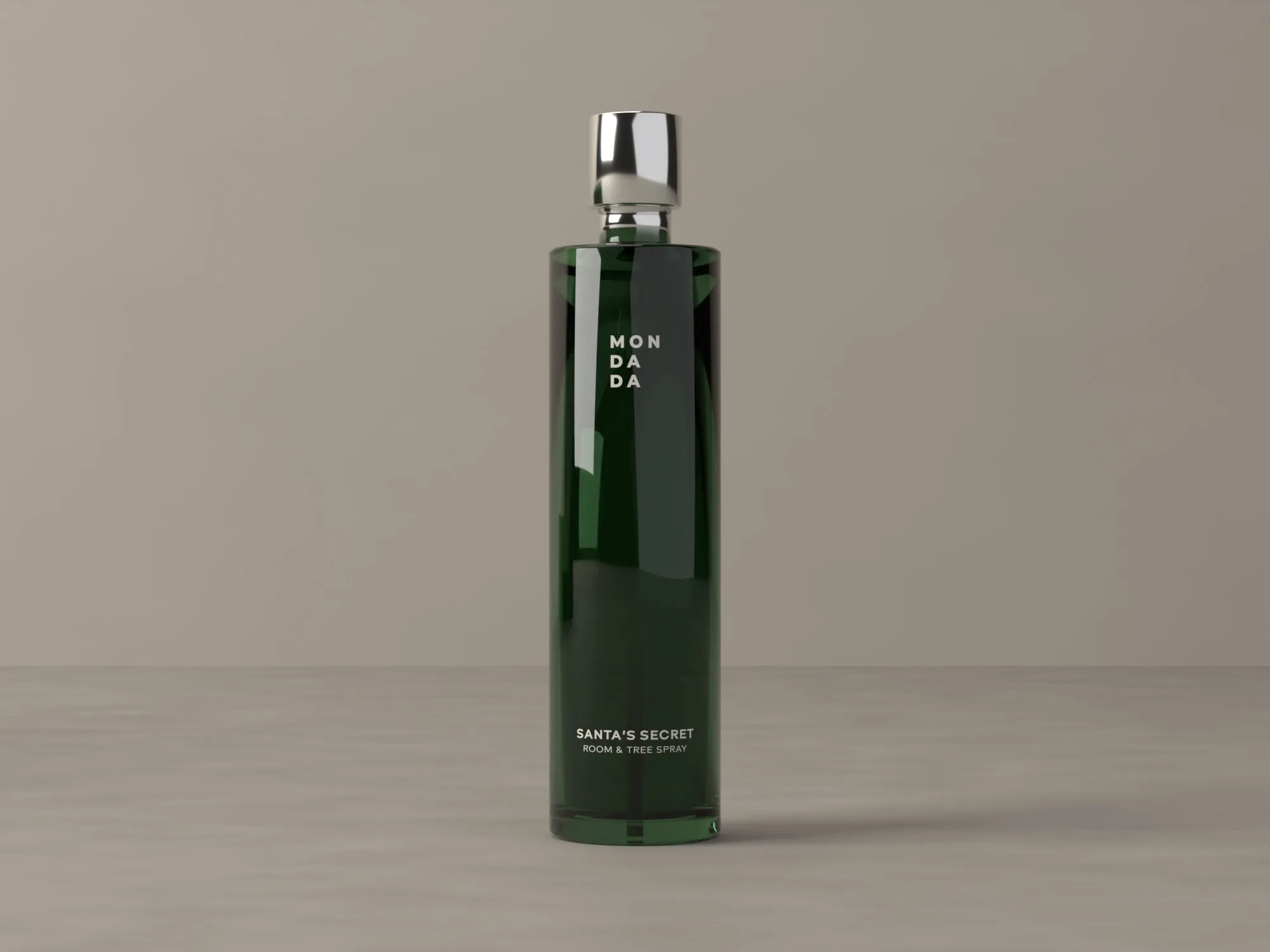 The Santa's Secret room & tree spray, deep green bottle