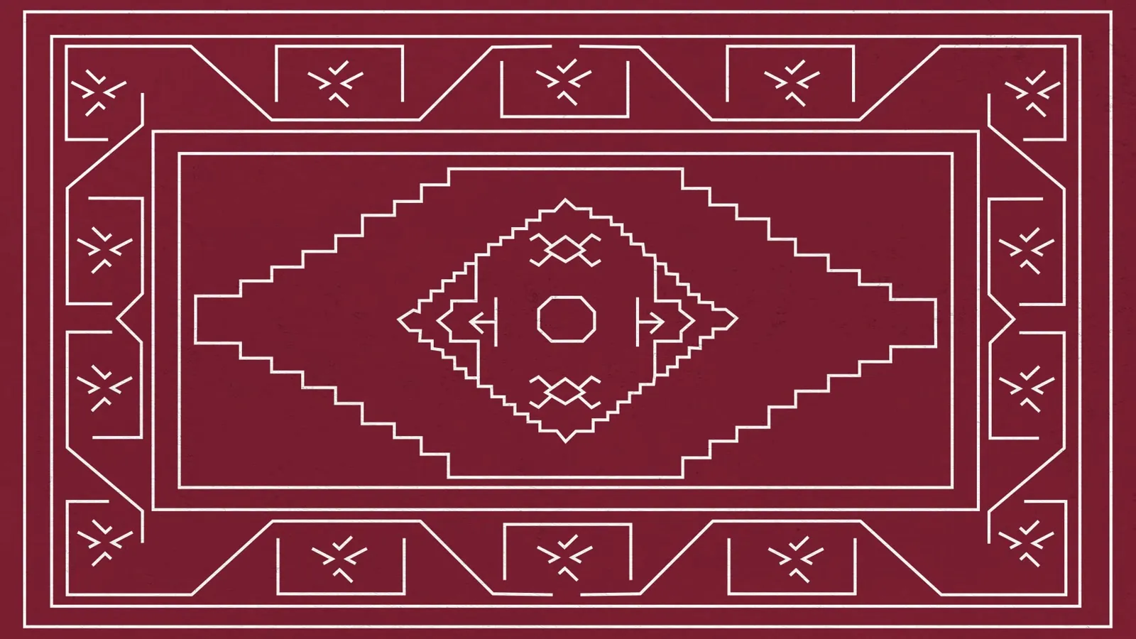 A full red rug with ivory motifs