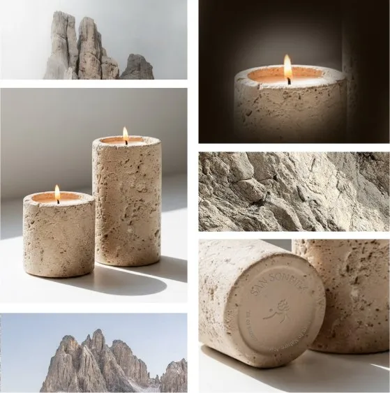 Stone direction: textured concrete candles next to Dolomite peaks