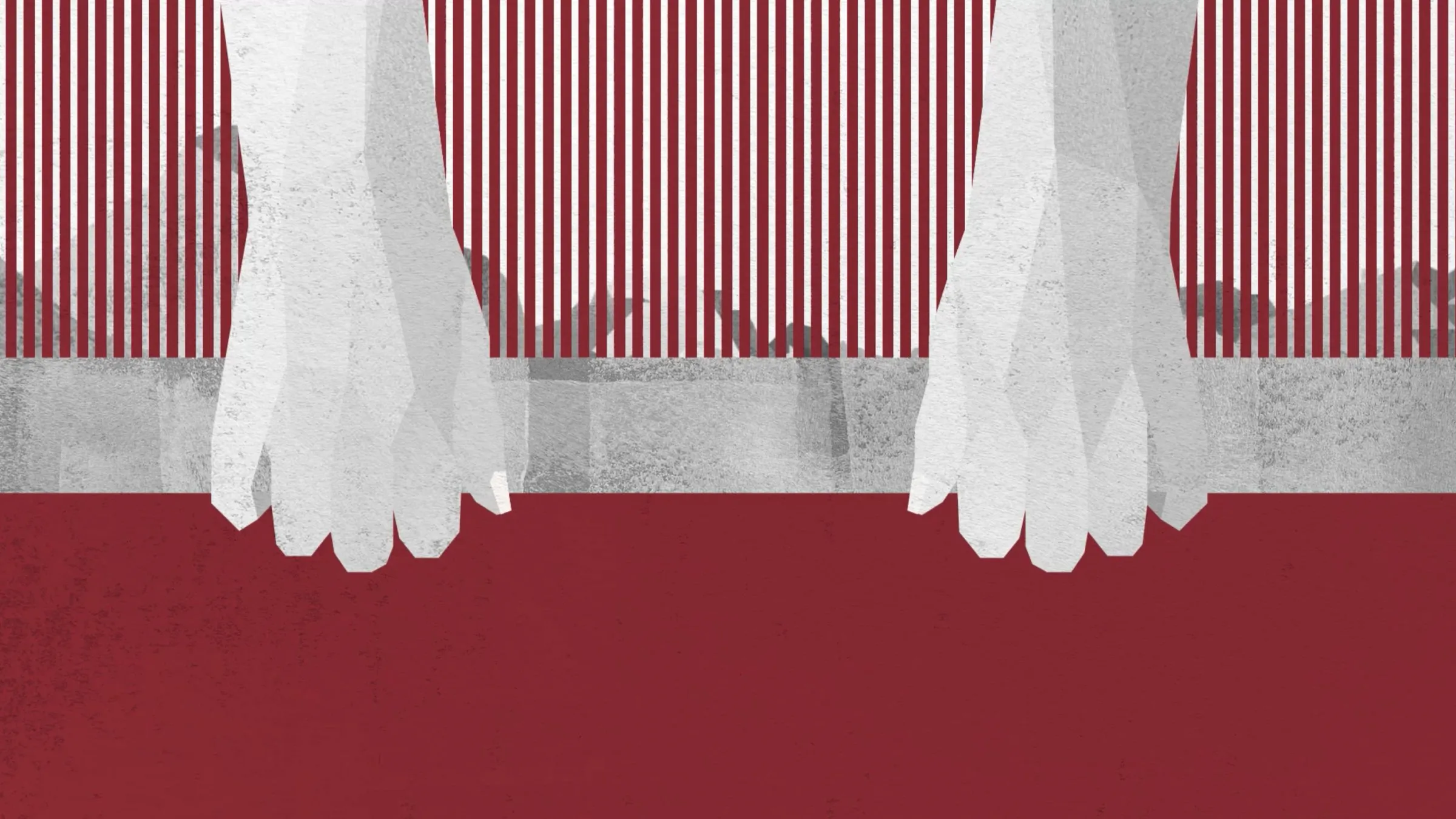 Two hands at the loom against red warp threads